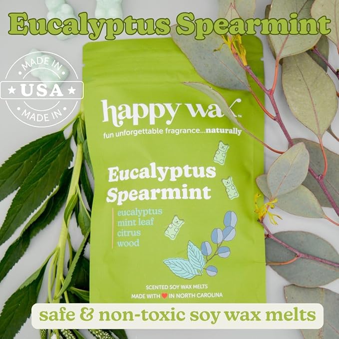 Happy Wax Eucalyptus Spearmint Scented Bear Wax Melts - Natural Strong Eucalyptus Scented Wax Melts Infused w/Essential Oils - Non Toxic Wax Melt. Scented Soy Wax Melts for Warmers (8 oz Pouch)