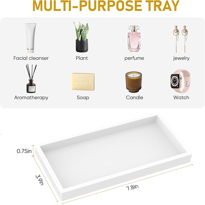 EG-SIPRO Silicone Bathroom Tray, Thickened Shatterproof Rectangle Vanity Tray for Counter, Soap Dispenser Tray - Small 7.8 * 3.9 in - White Marble Pattern