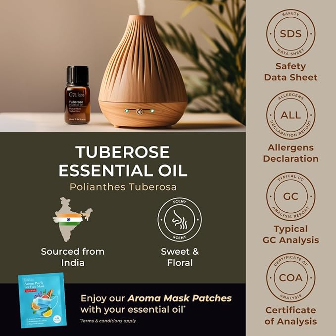 Gya Labs Tuberose Essential Oil - 0.34 Fl Oz - for Hair, Skin, Diffuser, Aromatherapy & DIY Candle Making Scent