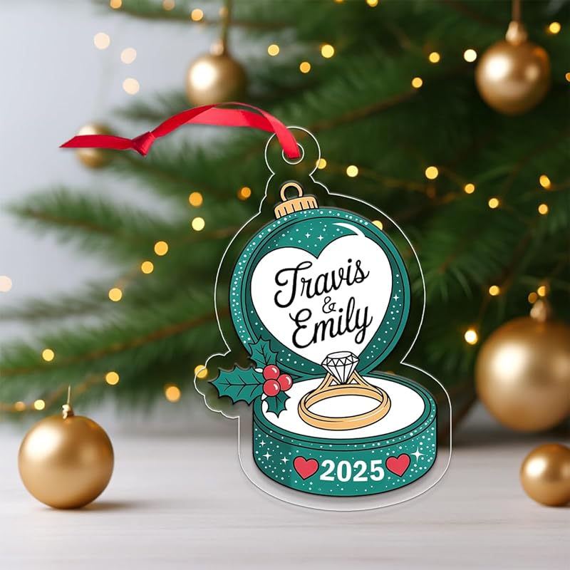 Personalized Engagement Ring Christmas Ornament, Couple Ornament, Engagement Gift for Her, Wedding Ornament, Newlywed Holiday Keepsake Acrylic Ornament β Personalized Christmas