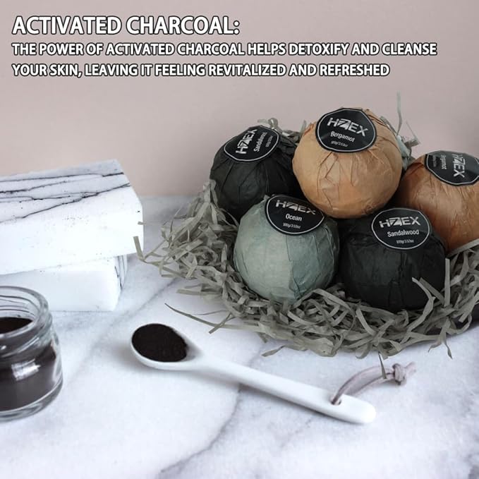 Charcoal Bath Bombs Gift Set – 6 Piece Natural Spa Fizzies with Essential Oils – Handmade Organic Moisturizing Vegan Bath Bombs for Relaxation, Detox, Stress Relief – Gifts for Men & Women