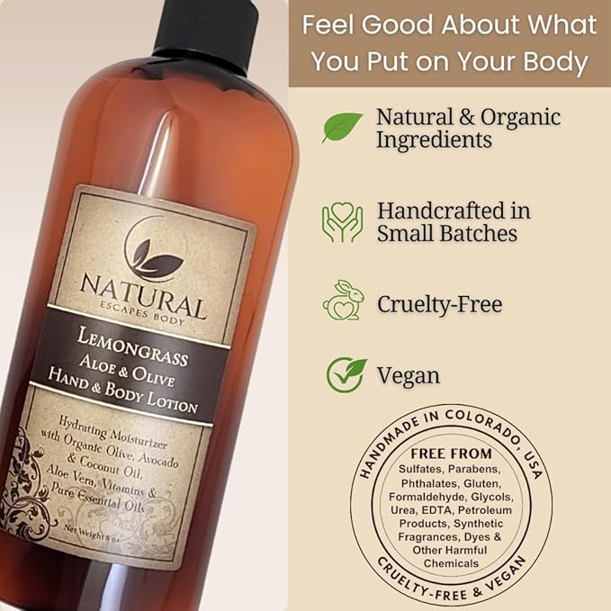 Moisturizing & Firming Lemongrass Body Lotion & Hand Cream - Natural Moisturizer for Dry Skin, Itchy or Crepey Skin - Eczema Treatment - Olive Oil, Coconut Oil & Avocado Oil - 8oz