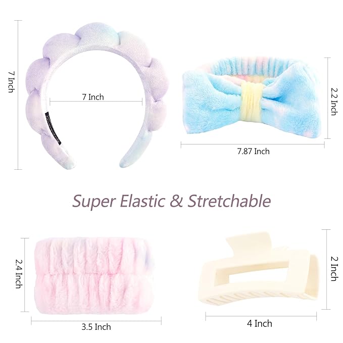 VELSCRUN Spa Headband, Makeup Face Wash Skincare Headbands, 5 Pcs Light Colorful Sponge Bow Tie Get Ready HairBand Facial Wristband Hair Clips Set, Stuff for Teen Girls Women Trendy Hair Accessories