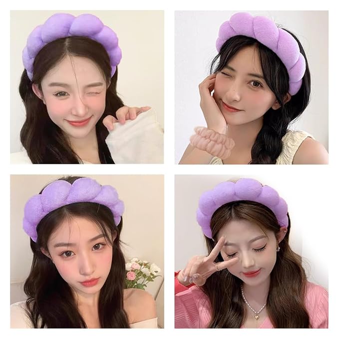 Spa Headbands for Washing Face Wristband Set Sponge Makeup Skincare Headband Wrist Towels Bubble Soft Terry Towel Cloth Hairband for Women Puffy Headwear Non Slip Thick Thin Hair Headwear (Purple)