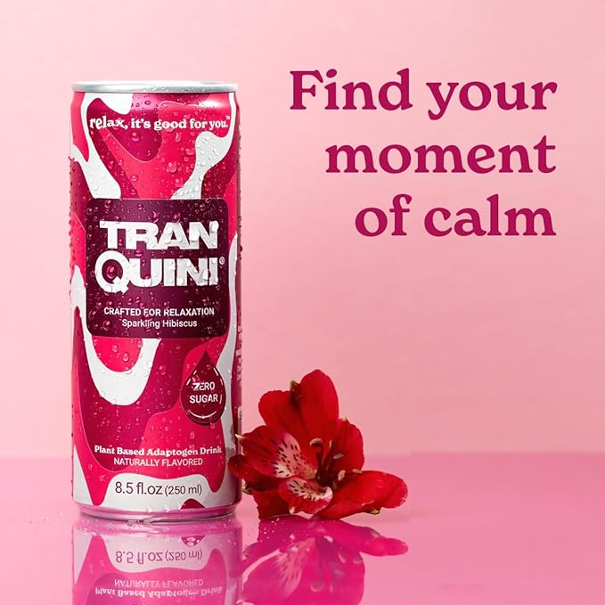 Tranquini Adaptogen Drink, Sparkling Water, Ashwagandha, Gluten & Sugar Free, Calming Non Alcoholic Drinks with L Theanine, Lemon Balm & Chamomile for Stress Support - Hibiscus, 8.5 Fl Oz (Pack of 12)