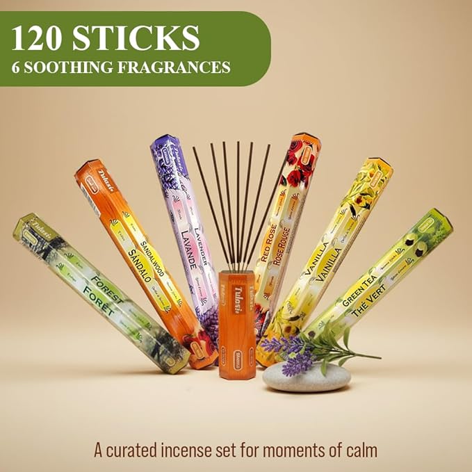 Tulasi Incense Sticks with Natural Oils Set of 6 Fragrances (120 Sticks) Hand Rolled Incense Sticks, Calming Home Aromatherapy, Meditation, Relaxing, Mixed Scents with Natural Oils, Thanks Giving