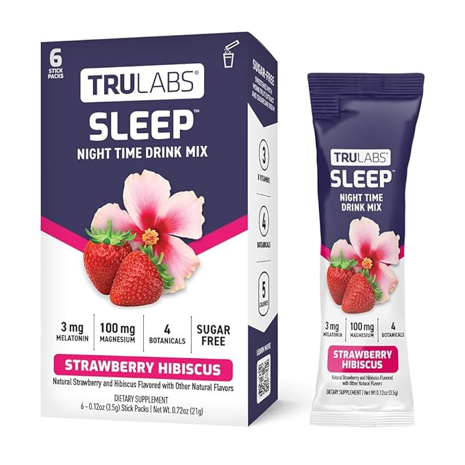TRULABS Sleep - Strawberry Hibiscus. Sugar Free Sleep Drink. Each Serving Contains: Magnesium, GABA, Passionflower, Valerian Root, Ashwagandha Root & Lemon Balm Leaf Extracts, with 3mg Melatonin (6ct)