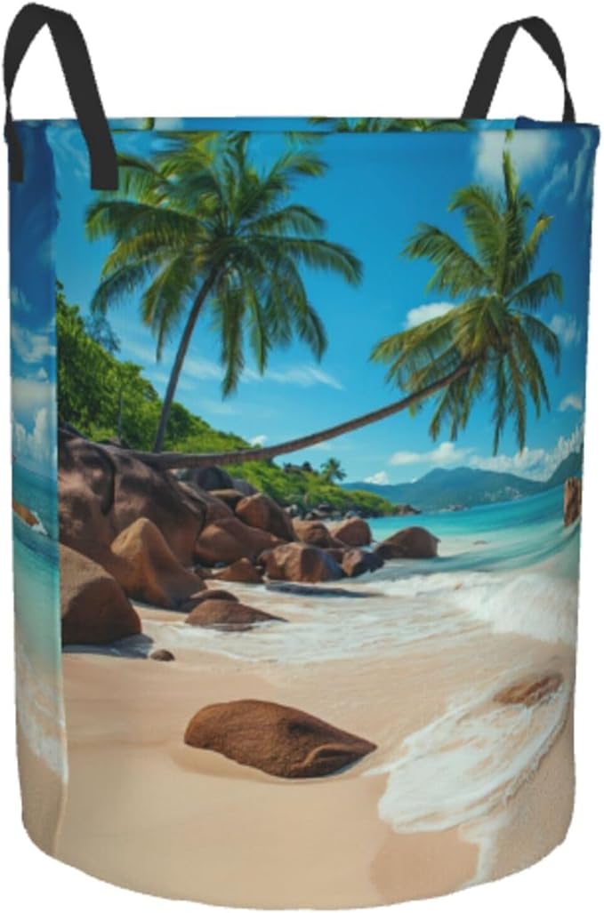 Laundry Basket Seaside Palm Trees Collapsible Large Capacity, 63L Dirty Clothes Basket Durable Lightweight Hamper With Handles Ideal For Clothes,Toys Home Organization15.7 * 19.6in