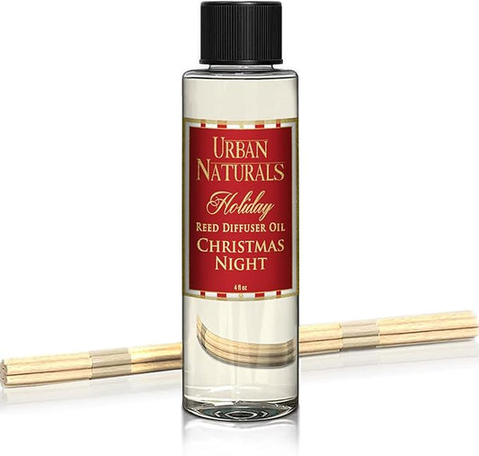 Urban Naturals Reed Diffuser Oil Refill Christmas Night, Cinnamon, Pine, Sweet Berries, Cozy Holiday Fragrance, 4 oz + Free Reed Sticks, Made in The USA