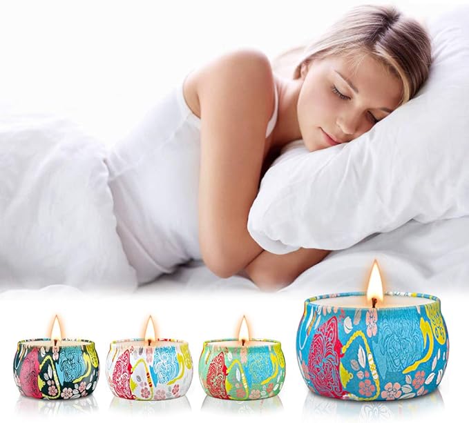 Scented Candles Gift Sets, Soy Wax 4.4 oz Portable Travel Tin Candles Women Birthday Gift Stress Relief Sweet Fragrance Home Aromatherapy Candle Set 4 Pack