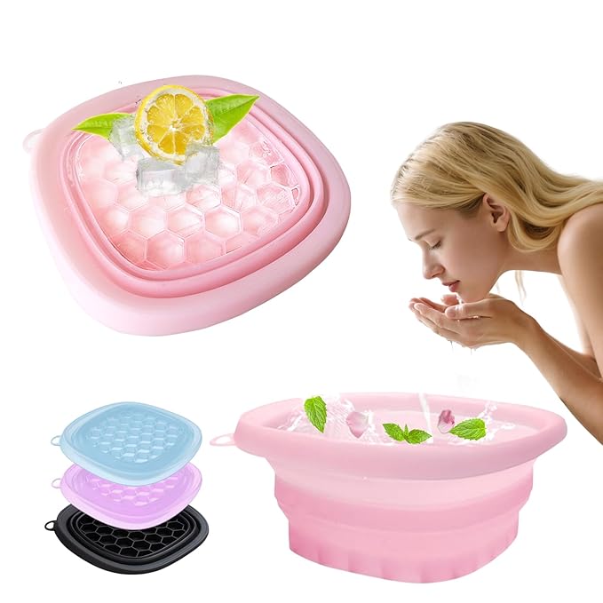 Face Bowl for Ice with Built-in IceTray,Collapsible Silicone Face Ice Bowl – Cold Plunge Therapy for Skin Tightening & Facial Treatment– Portable Spa Tool for Home & Travel(Pink) 