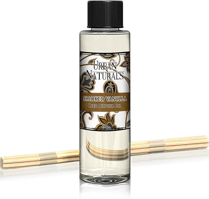 Urban Naturals Smoked Vanilla Scented Oil Reed Diffuser Refill with Free Set of Reed Sticks! A Vanilla Bean, Sandalwood & Leather Scent, 4 oz