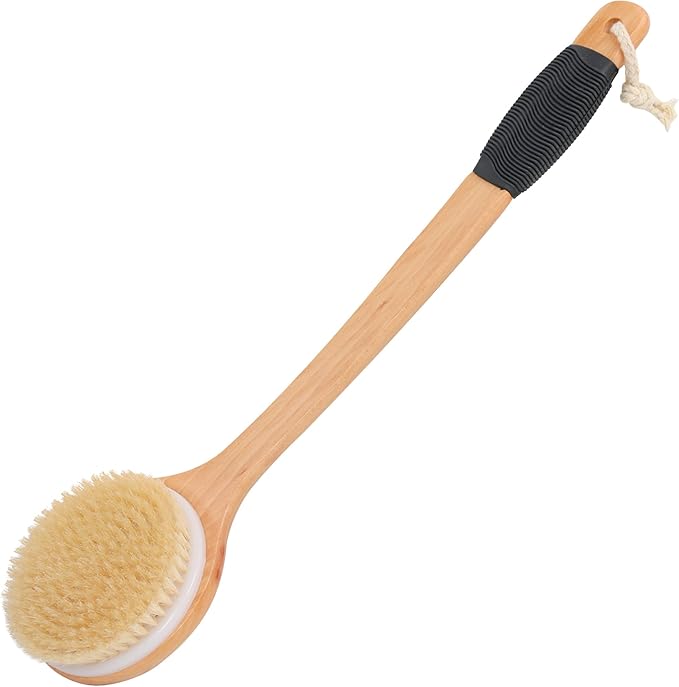 OWIIZI Round Head Back Scrub Brush for Body Shower, Wooden Long Handle Bristles Tub Soaping Bath Brushes, Skin Exfoliator Scrubber Brush for Men Women Elderly Wet or Dry Use