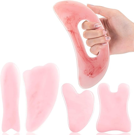Treela 5 Pcs Gua Sha Facial Tools Set and 1 Pcs Body Gua Sha Massage Tool with Handle for Face Back Neck Leg Body Scraping Massage Board Guasha Comb(Jade, Resin,Pink)
