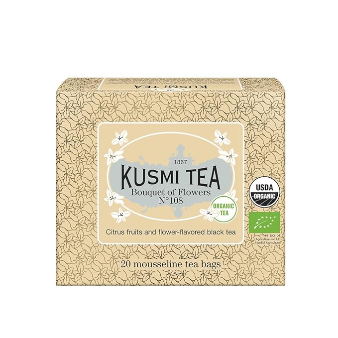 Kusmi Tea - Bouquet of Flowers No.108 - Organic Earl Grey Black Tea with Bergamot & Ylang Ylang - Flavored with Citrus - Robust, Caffeinated Tea -20 Tea Bags