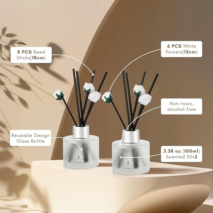 Brakula 2 Pack Reed Diffuser Set, Bamboo White Tea Scented, Home Fragrance with 14 Sticks Bathroom Decor, Reed diffusers for Home 6.76 fl oz (Bamboo White Tea)