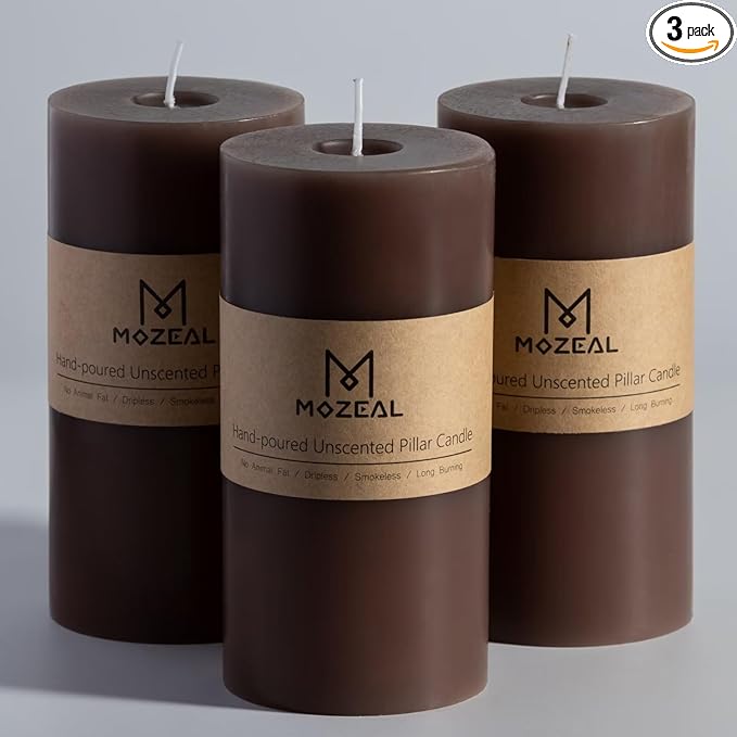 MOZEAL 3" x 6" Hand-Poured Unscented Candle, Dripless Pillar Candle Set of 3, Long Lasting Burning,Approx 120 Hours Burn Time, Rustic Country Style, for Winter Solstice, Sophisticated Charm,Taupe Gray