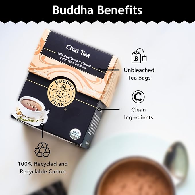 Buddha Teas - Organic Chai Tea - Delicately Spiced & Warming - For Health & Wellbeing - With Antioxidants & Minerals - Clean Ingredients - With Caffeine - OU Kosher & Non-GMO - 18 Tea Bags (Pack of 1)