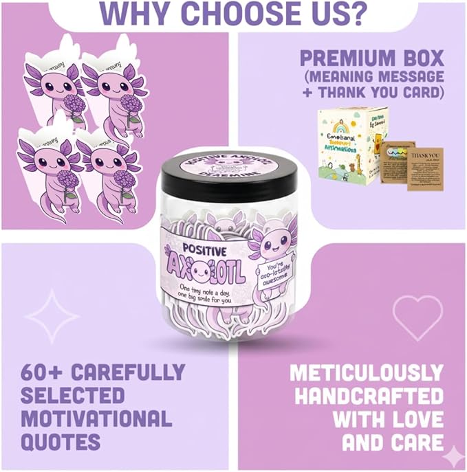 60 Positive Axolotl Cards Jar, Affirmation Cards for Women, Emotional Support Axolotl, Axolotl Gifts for Women, Mom, Axolotl Themed Gifts, Purple Gift for Girls