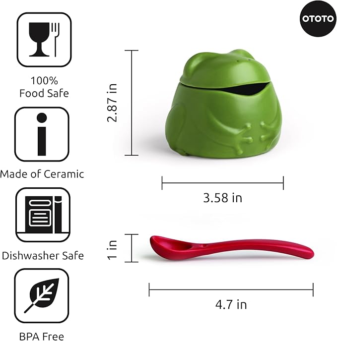 OTOTO NEW Lily Salt Cellar with Lid and Spoon - 6 oz Frog Salt Containers for Countertop, Ceramic Salt Holder with Lid for Sugar, Frog Stuff, White Elephant Gifts, Cute Gifts Accessories - Green