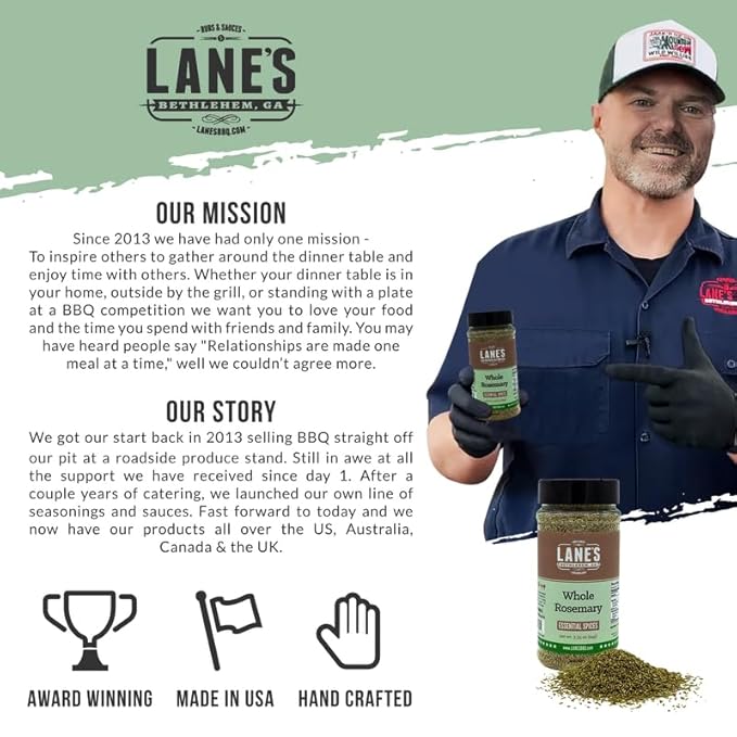 Lane's Whole Rosemary Seasoning, All-Natural Cracked Rosemary Spice Compliments Dishes like Chicken, Lamb, Pork, & Veggies, Made in USA, 3.35 Oz (94g)