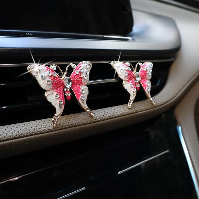 2pcs Pink Butterfly Car Air Freshener Vent Clips Bling Car Accessories for Women Refillable Diffusers