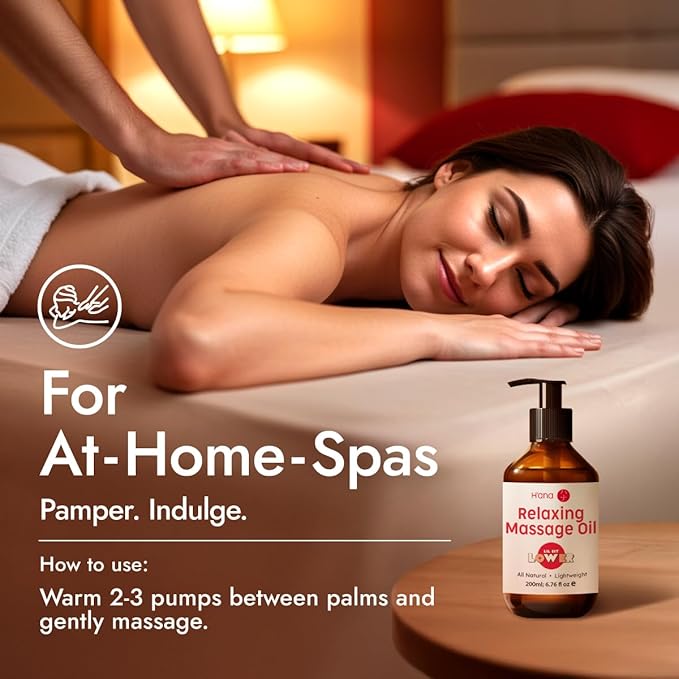 H'ana Relaxing Massage Oil - 6.76 Fl Oz - 100% Pure Natural for Vanilla Body Spa Quality, Calming, Sore Muscle Massage Oil with Moisturizing - Men and Women