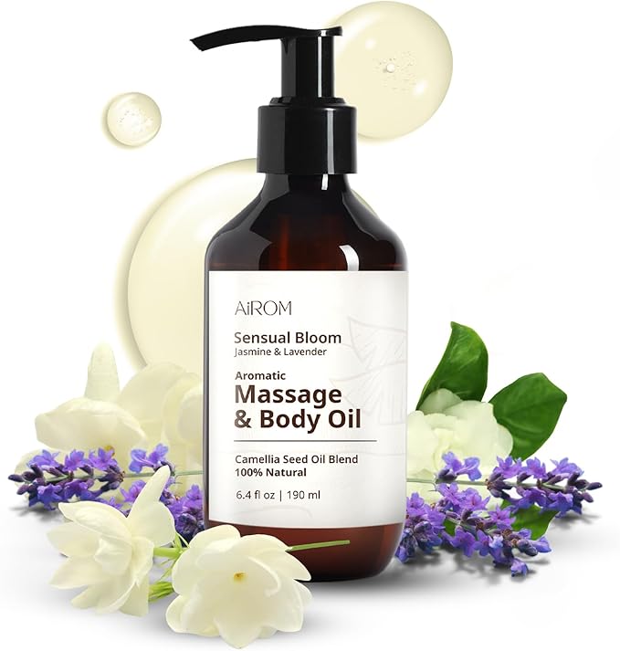 AiROM Jasmine & Lavender Massage Oil for Massage Therapy - Scented Body Oil for Women – Hypoallergenic, Relaxing Aromatherapy, Non-Greasy, Spa Quality, Nut-Free - 6.4 fl oz