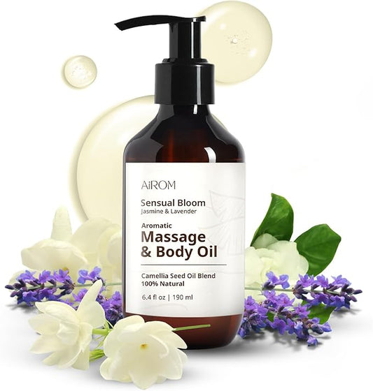AiROM Jasmine & Lavender Massage Oil for Massage Therapy - Scented Body Oil for Women – Hypoallergenic, Relaxing Aromatherapy, Non-Greasy, Spa Quality, Nut-Free - 6.4 fl oz