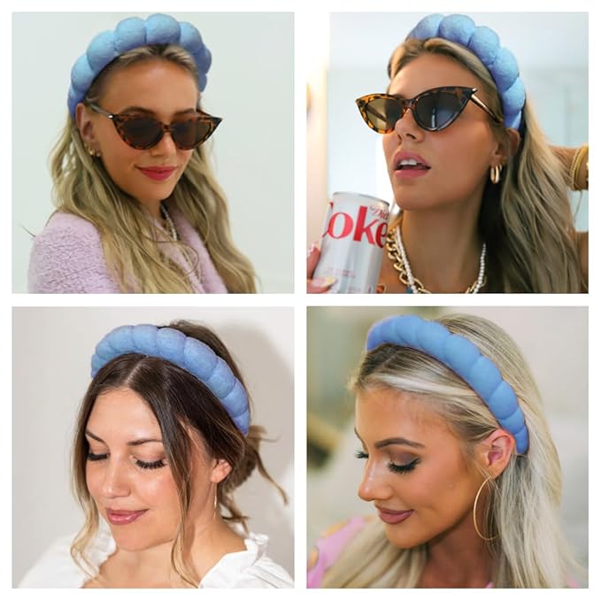 Spa Headbands for Washing Face or Makeup, Sponge Bubble Skincare Headbands, Puffy Terry Cloth Hairband for Women, Skin Care Makeup Headwear Hair Accessories for Girls(Dark blue)
