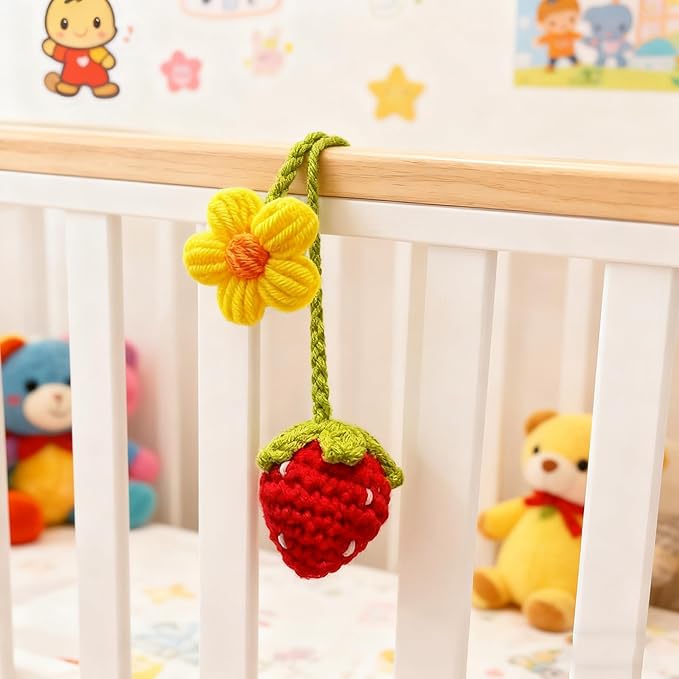 Crochet Strawberry and Flower Car Hanging Ornaments, Cute Aesthetic Rearview Mirror Hanging Accessories for Women and Girls, Handmade Polyester Fiber Car Decor 2-Pack (Red)