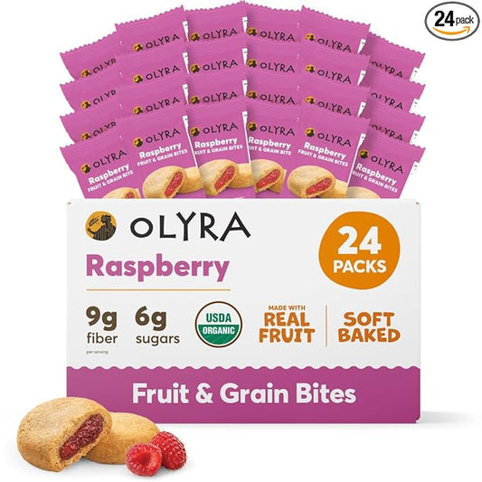 Olyra Raspberry Fruit Bars, Prebiotic High Fiber Snack, Organic Snack, Healthy Snacks for Adults and Kids, Low Sugar, Vegan, Office Breakfast Bars, USDA Certified Organic, Non GMO (Pack of 24)