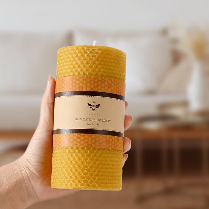 Beeswax Pillar Candle - 3×6 in Handmade Pure Beeswax Rolled Candle for Gift & Home Decor