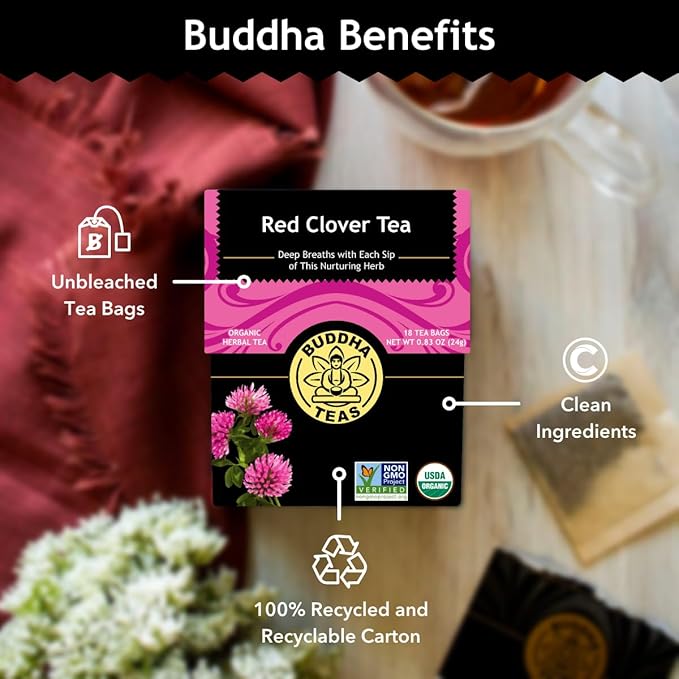 Buddha Teas - Red Clover Flower Tea - Organic Herbal Tea - For Women’s Health - Balance & Boost - Caffeine Free - 100% Kosher & Non-GMO - 18 Tea Bags (Pack of 3)