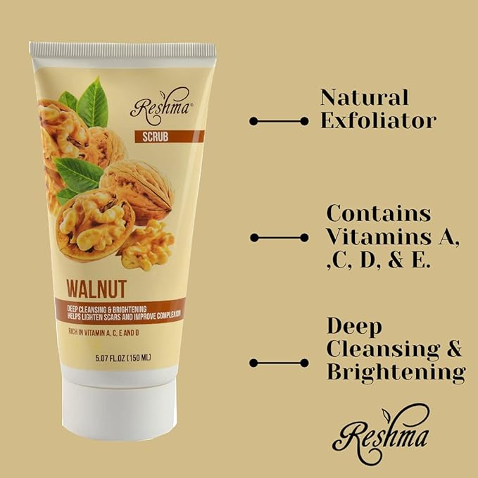 Reshma Beauty Walnut Scrub, Dual Action Cleanser Face & Body Scrub, Gentle for All Skin Types and Dull Skin, Deep Cleansing and Moisturizing, Enhances Natural Glow, Cruelty-Free, 5.07 oz, Pack of 1