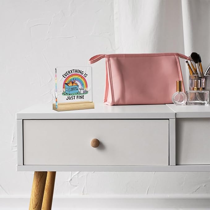 Emotional Support Dumpster Fire Mental Health Decor Motivational Funny Coworker Gifts for Women Men, Therapy Office Acrylic Sign With Wooden Decoration for Bedroom Dorm Apartment Accessories Decor