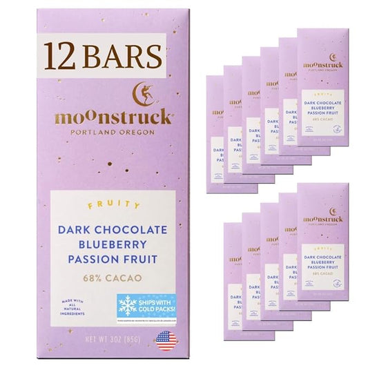 Moonstruck Chocolate Blueberry and Passion Fruit Dark Chocolate Bar, 68% Cacao, 3.0oz (Pack of 12)