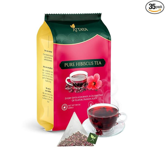 Attaya Pure Hibiscus Tea Bags 35 Count - Premium Herbal Tea - Dried Hibiscus Flowers - Antioxidant-Rich for Wellness & Relaxation - Caffeine-Free, Non-GMO, No Sugar - Eco-Friendly Bags