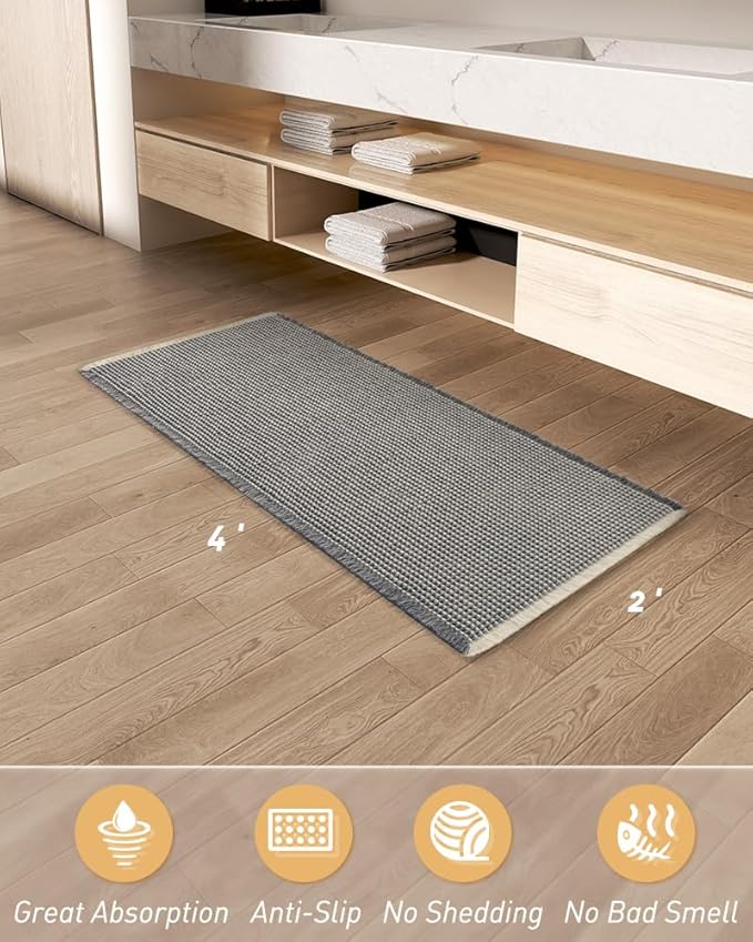 AMOAMI Upgraded Waffle Runner Rug Super Absorbent Non Slip Bath Mats for Bathroom Machine Washable Bathroom Runner Rug with Tassels, Ideal for Hallway Bedroom Laundry Room, 2' x 4', Darkgrey & Cream