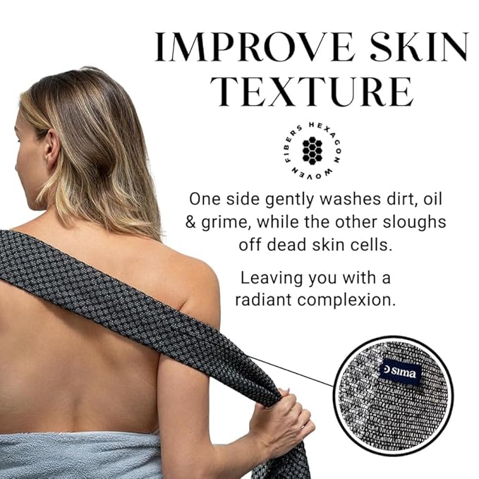 Exfoliating Washcloth Face & Body Scrub Towel - Japanese Exfoliating Towel with Hexagon Fibers, Body Scrubber with 2 Sides for Scrubbing & Washing, Extra Long (Black, 2 Pack)