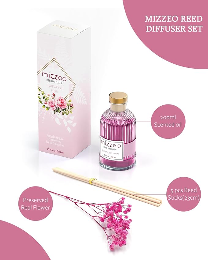 MIZZEO Reed Diffuser Set, Agarwood Rose 6.76 fl oz Highly Scented Room Diffuser Home Fragrance Essential Oil Reed Flower Diffuser, House Bedroom Office Decor & Gifts