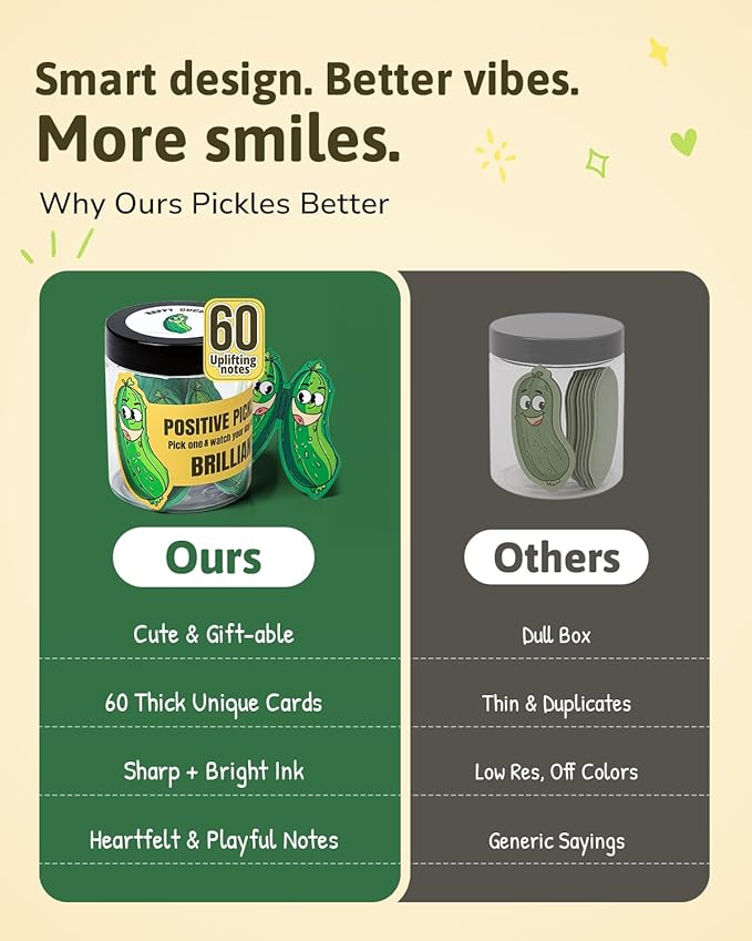 Positive Pickle Affirmation Cards Jar,60 Daily Affirmations, Emotional Support Pickle with Positive Messages, Encouragement Present for Women, Teens,girls,and Friends