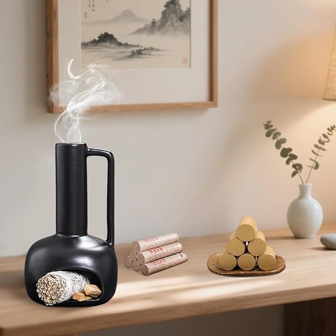 Simcat Handmade Ceramic Holder Incense Burner for Palo Santo Sticks Sage Bundles Candlestick, Suitable for Yoga Meditation Room Home Decor (Black)