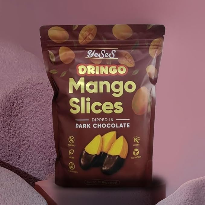 Mango Slices Dipped in Dark Chocolate –Yeses Dringo Premium Dried Mango Snack, Non-GMO, Vegan, Kosher, All-Natural, No Additives, 10.58 oz (300g) Resealable Bag (3 Pack)