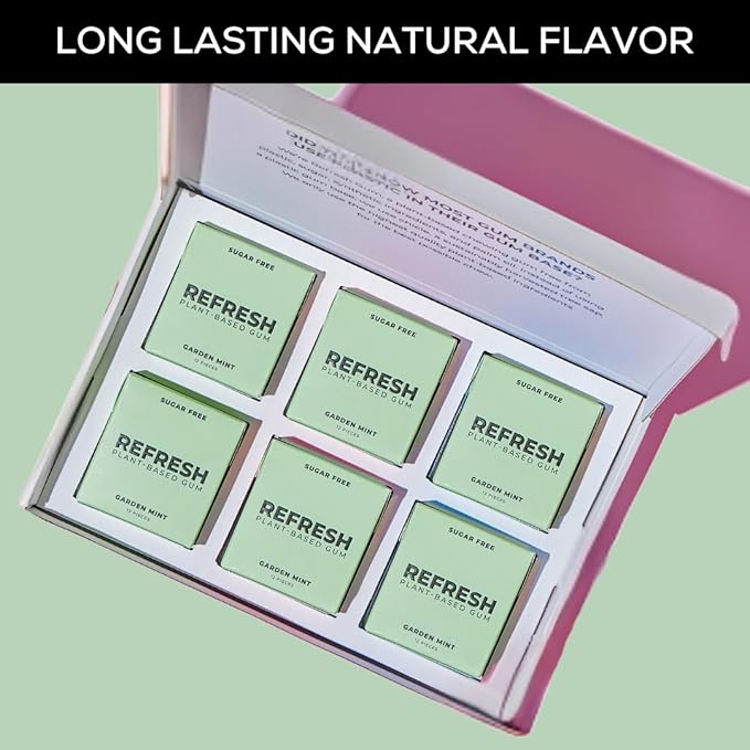 Refresh Gum, Xylitol, Natural, Sugar Free, Plastic Free, Natural Flavors & Organic Ingredients, Plant-Based, Low Calorie, Non GMO, Gluten Free, Vegan, Garden Mint Flavor, 12 Pcs, 12 Pack