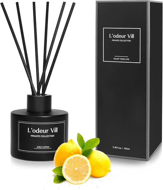 L'odeur Vill Reed Diffuser, 3.4oz(100ml) Juicy Lemon Reed Diffuser Set with 6 Oil Diffuser Sticks, Matte Black Aroma Scent Diffuser, Long Lasting Home Fragrance for Bathroom Shelf Decor