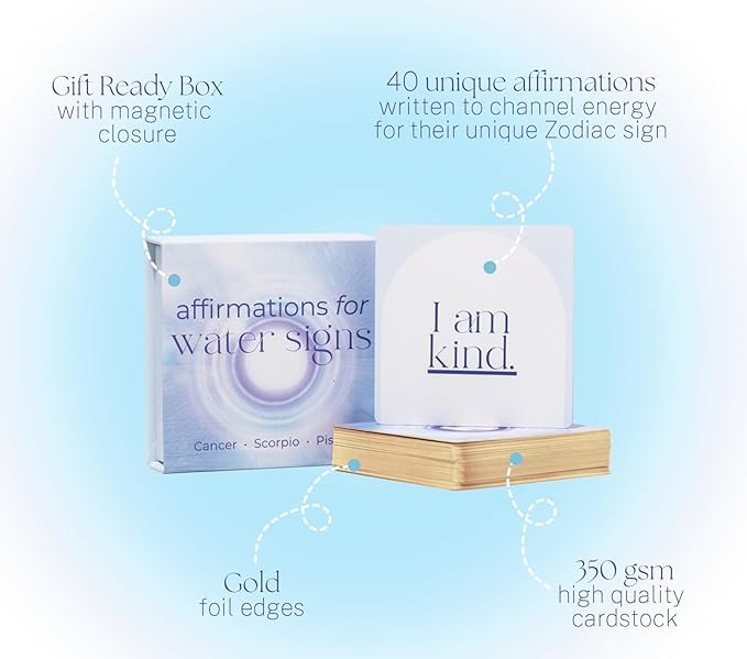 Affirmation Cards for Water Signs - Gifts for Scorpio, Pisces, Cancer. Inspirational Card Set with 40 Daily Positive Affirmations, Spiritual Self Care, Zodiac Collection
