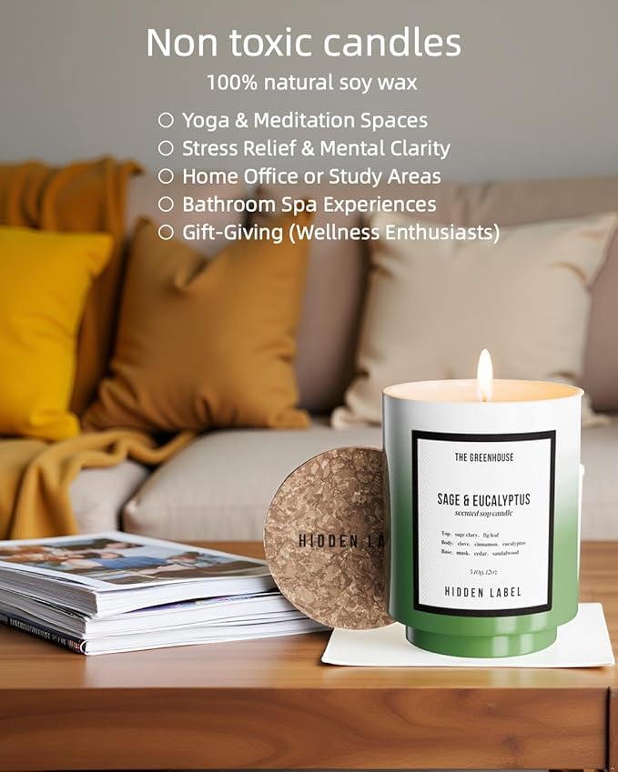 Hidden Label Eucalyptus&Sage Soy Candle, 12oz/75-Hours Burn Time, 100% Natural Candles Non Toxic, Aromatherapy Candle for Home Scented,Women,Stress Relief, Meditation, Yoga & Relaxation