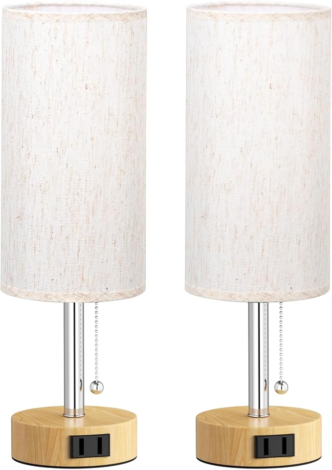 Fenmzee Wood Grain Bedside Table Lamps Set of 2-3 Color Temperatures Pull Chain Lamp with AC Outlet Charging Port, Round Night Stand Lamps for Bedroom Office, Small Bed Light with E26 LED Bulbs