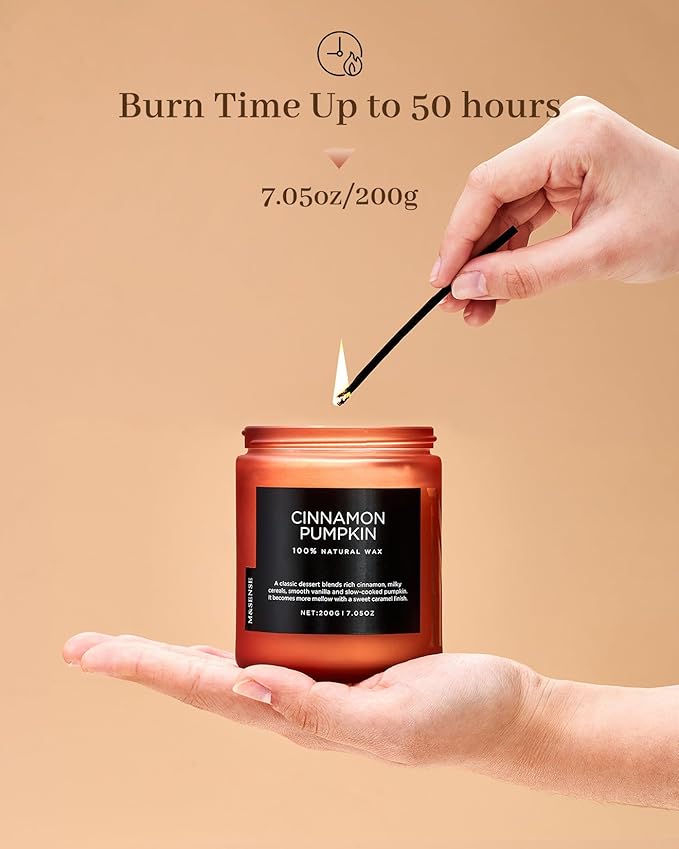 M&SENSE Cinnamon Pumpkin Fall Scented All Natural Soy Wax Candles for Home Scented, Cotton Wick Autumn Long Burning 7.05oz 50 Hours Burn Time, Jar Candle Gift for Men and Women